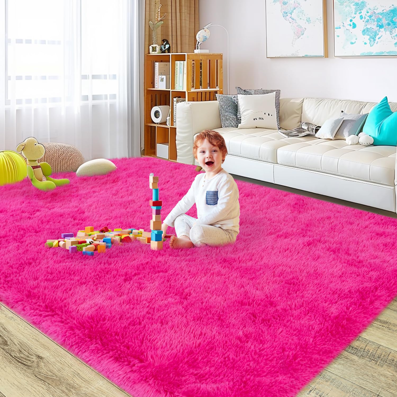 rezutan soft fluffy rug for living room bedroom, large comfy modern shaggy fuzzy kids, plush indoor nursery classroom home decor bedside rug with non-slip bottom, hot pink, 5x7 feet