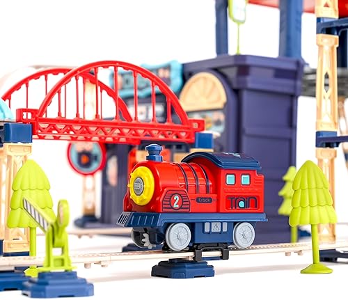 Miniatura 7 de Juego de pistas de tren para niños pequeños y niños 206 piezas de vías de tren con curvas reversibles, puentes, rampas Juguete de aprendizaje STEM