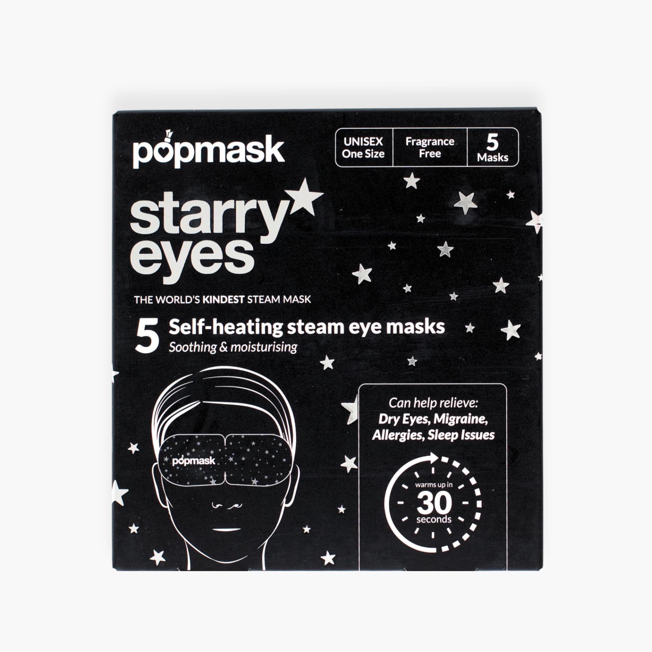 POPBAND Popmask Starry Self Heating Eye Mask for Sleeping - Warms In 30 Seconds, Natural Heat Source, Lasts For 20 Minutes - Pack of 5 Cotton Eye Masks With Ear Loops