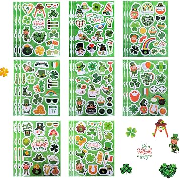 St. Patricks Day Shamrock Stickers - 24 Sheets 8 Different Designs, Self-Adhesive Lucky Clover Decals for Party Decorations, Scrapbooking, Crafts, Windows, Cup, Kids Activities