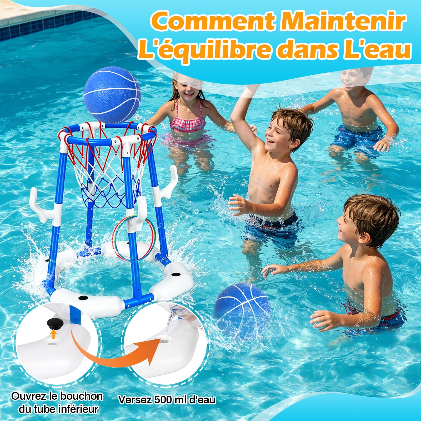 Panier Basket Flottant, 2-en-1 Panier Basket Piscine, Ensemble de Basketball à Eau avec 2 Ballons, 12 Anneaux et Pompe, Jouets Basketball Aquatiques pour Enfants et Adultes