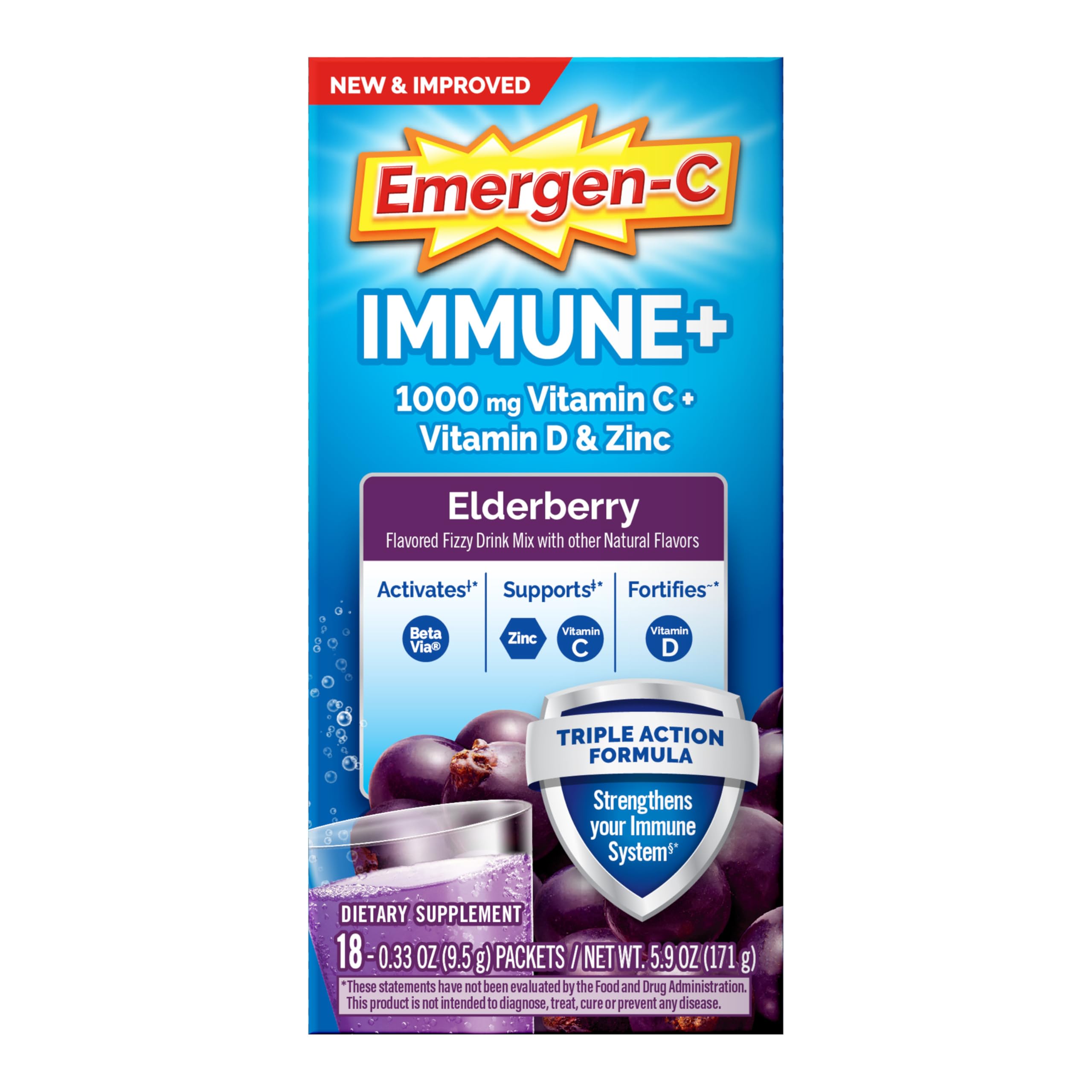 Emergen-C Immune+ Triple Action Immune Support Powder, BetaVia (R), 1000mg Vitamin C, B Vitamins, Vitamin D and Antioxidants, Elderberry, Back to School Essentials – 18 Count