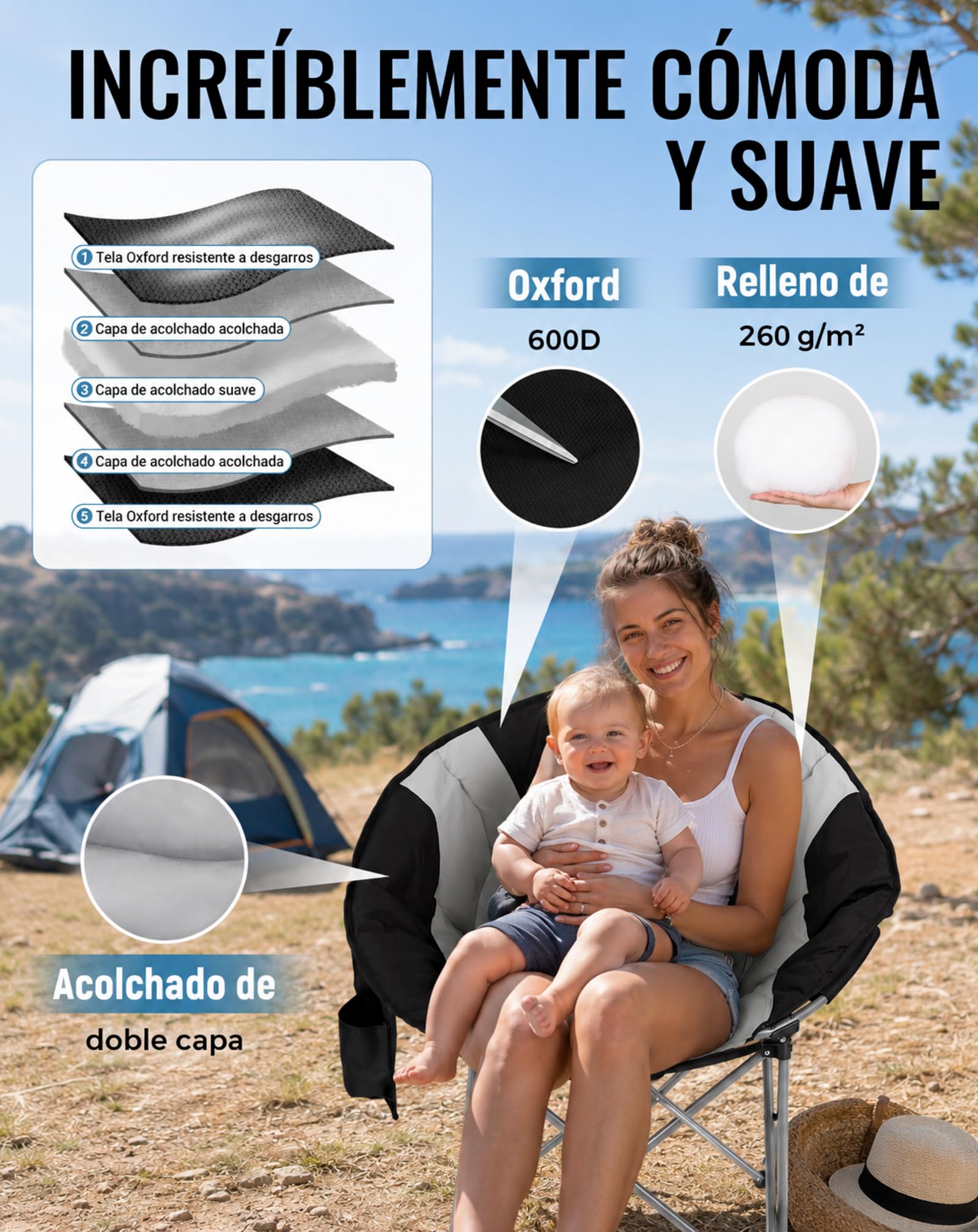 KingCamp 2 x Moonchair Sillas de Camping Plegables Acolchadas hasta 205 kg