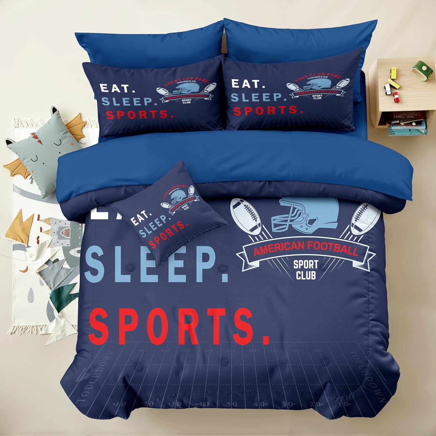 6pc Football Bedding Set for Boys,Queen Size Comforter Sets for Teen,Kids Comforter Set with 1 Quilt+1 Flat Sheet+1 Fitted Sheet+2 Pillowcases+1 Cushion Cover(Football-K Queen)