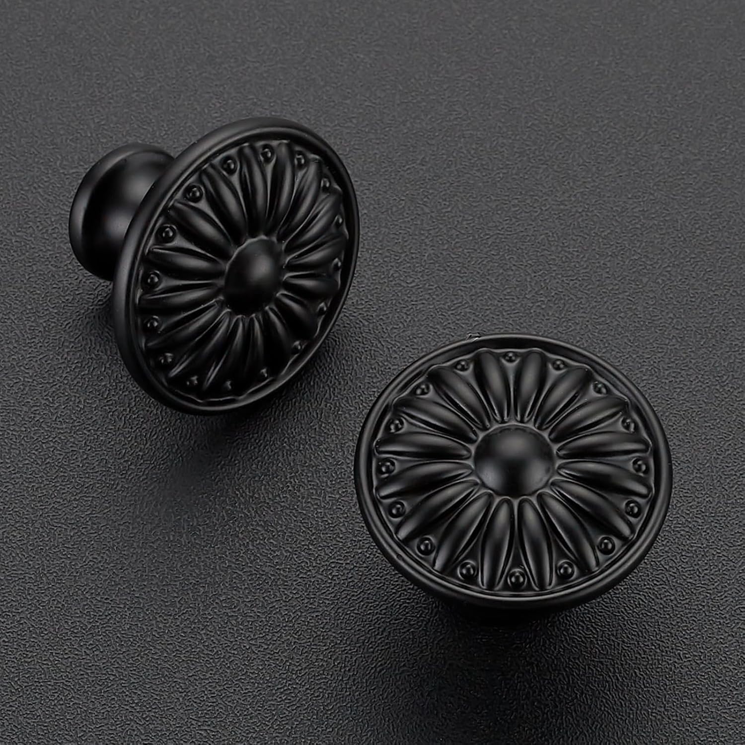 JOY DECOR 10 Pack Kitchen Cabinet Knobs Matte Black, 1-1/4 Inch Diameter, Solid Metal Kitchen Cabinet Pulls Vintage Rosette Sunburst Drawer Knobs, Drawer Pulls for Bathroom vanities and Dresser