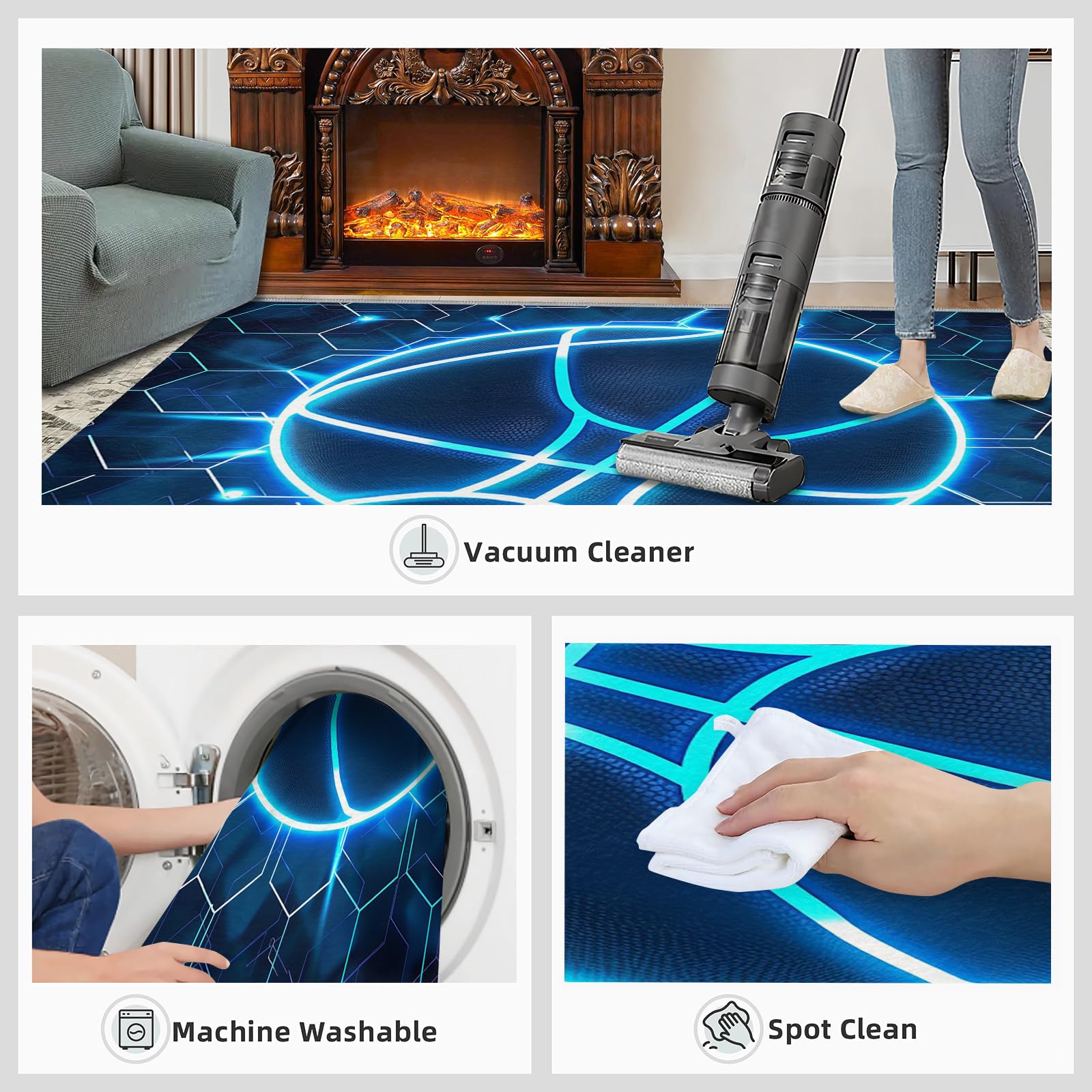 Tapis de Basket Bleu Fluo Abstrait Nid Abeille Bleu Marine Tapis de Basketball Irrégulier Rayures Hexagonales Tapis Mince pour Chambre d'Enfant Décoration de Chambre d'Adolescent 70x140cm