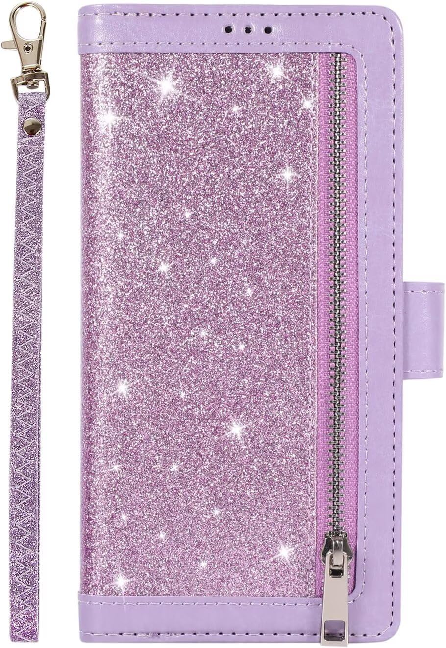 Wallet Case for Huawei Mate 10 Pro Glitter Cover,Bling Sparkle Vintage Zipper Leather Flip Case with 9 Card Slots and Wrist Strap Girls Women Phone Case-Purple