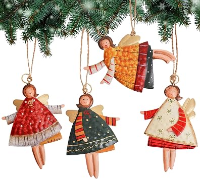 Notakia Christma Santa Ornaments Tree Decorations Dancing Flying Tin Angels Set of 4
