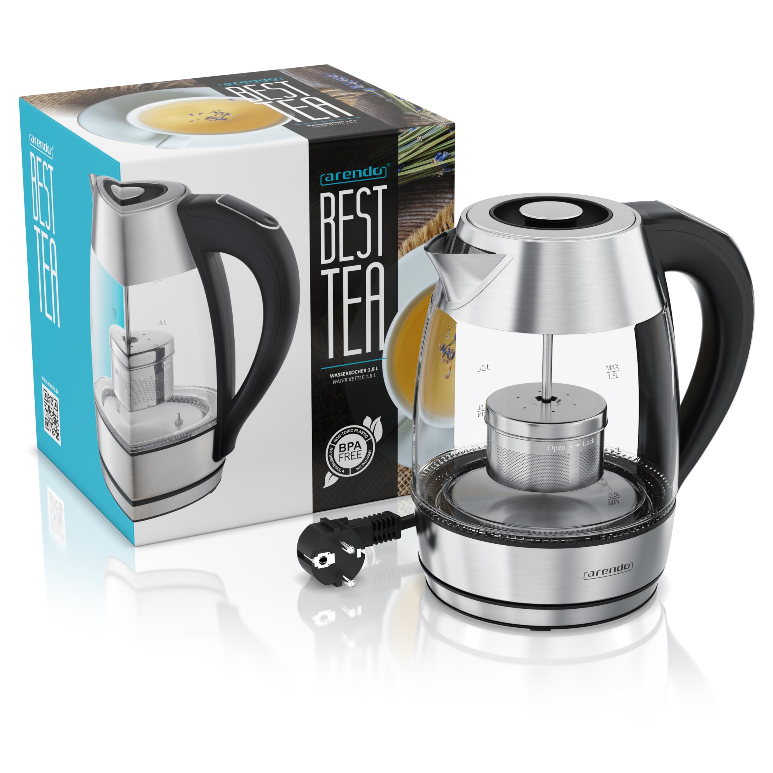 Arendo - Glas Wasserkocher mit Temperatureinstellung - Edelstahl - temperaturabhängige LED Beleuchtung - 2200 W - 1,8 L – 2 Deckel (1x mit und 1x ohne Teesieb) – Kalkfilter – Warmhaltefunkti