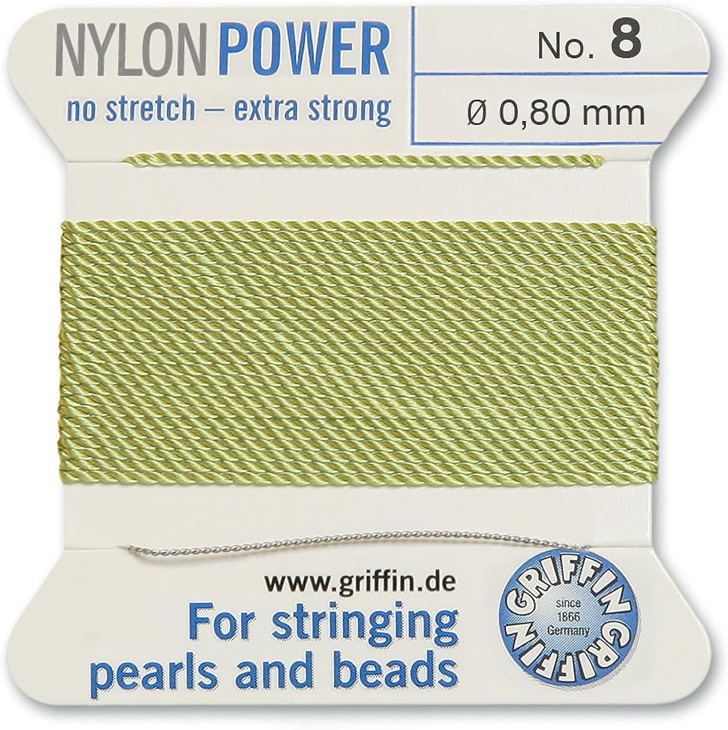Griffin Bead Cord Nylon Jade #8 - Griffin NylonPower with Stainless Steel Needle Attached – for Knotting Pearls, Gemstones, Crystals and Beads