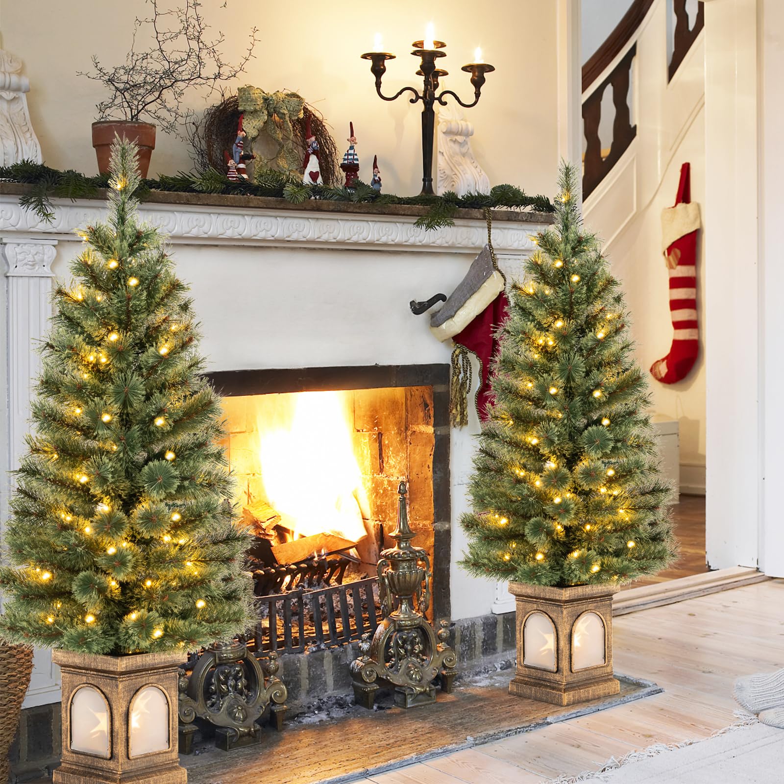 COSTWAY Albero di Natale Piccolo da Tavolo 120 cm, Albero di Natale Artificiale in Vaso con Luci e Rami Densi, Decorazione Natalizia per Casa, Ufficio e Negozio (Verde e Bronzo)