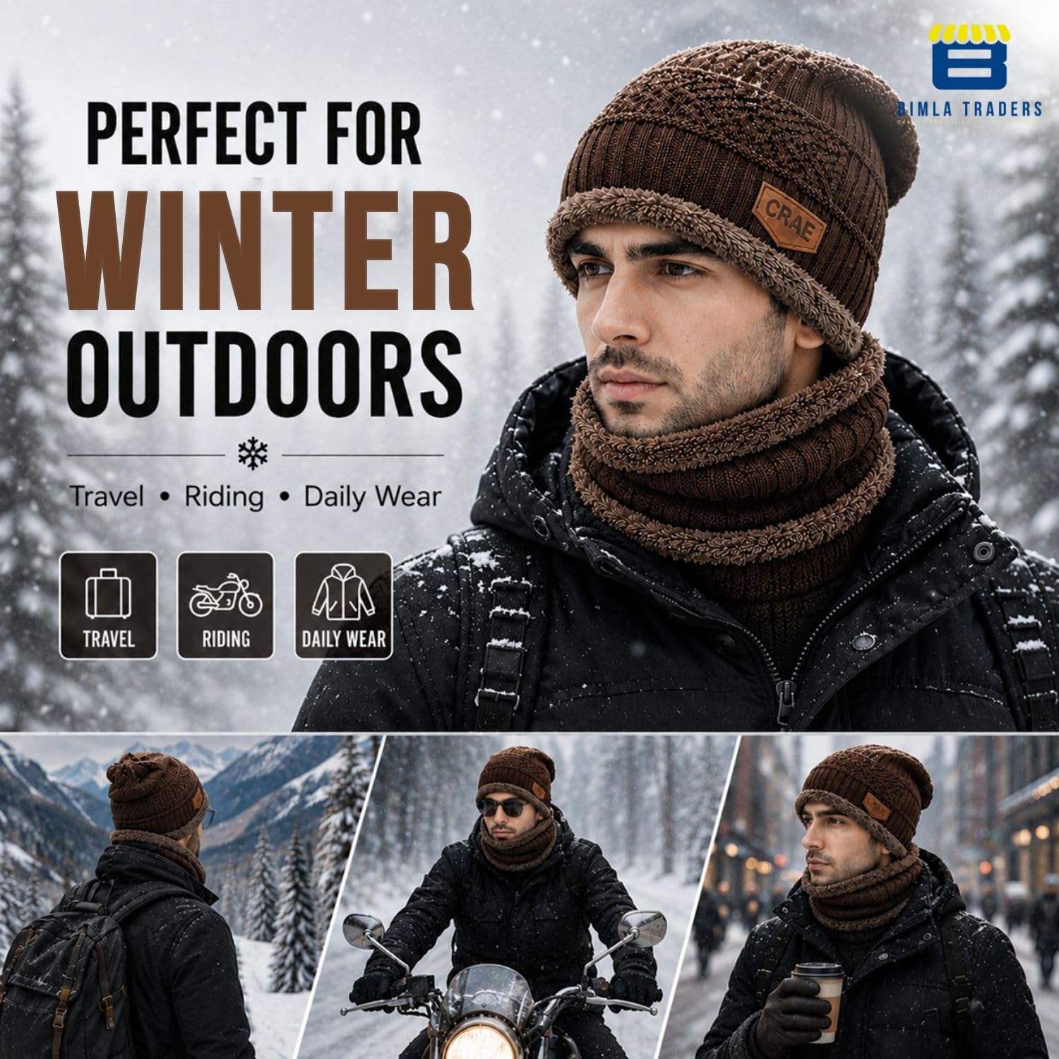 BTfash Mens Sports Winter Beanie Hats Scarf Set Warm Knit Hats Skull Cap Neck Warmer with Thick Fleece Lined Winter Hat & Scarf (2 Piece Combo) (Brown) 4