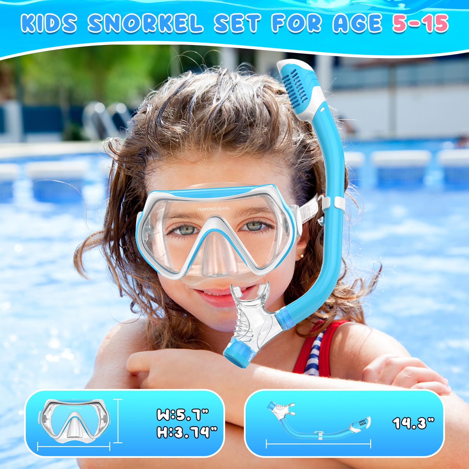 Attrezzatura da snorkeling per bambini, set da snorkeling per bambini dai 3 ai 14 anni, maschera subacquea anti-appannamento e boccaglio Dry Top, blu e rosa