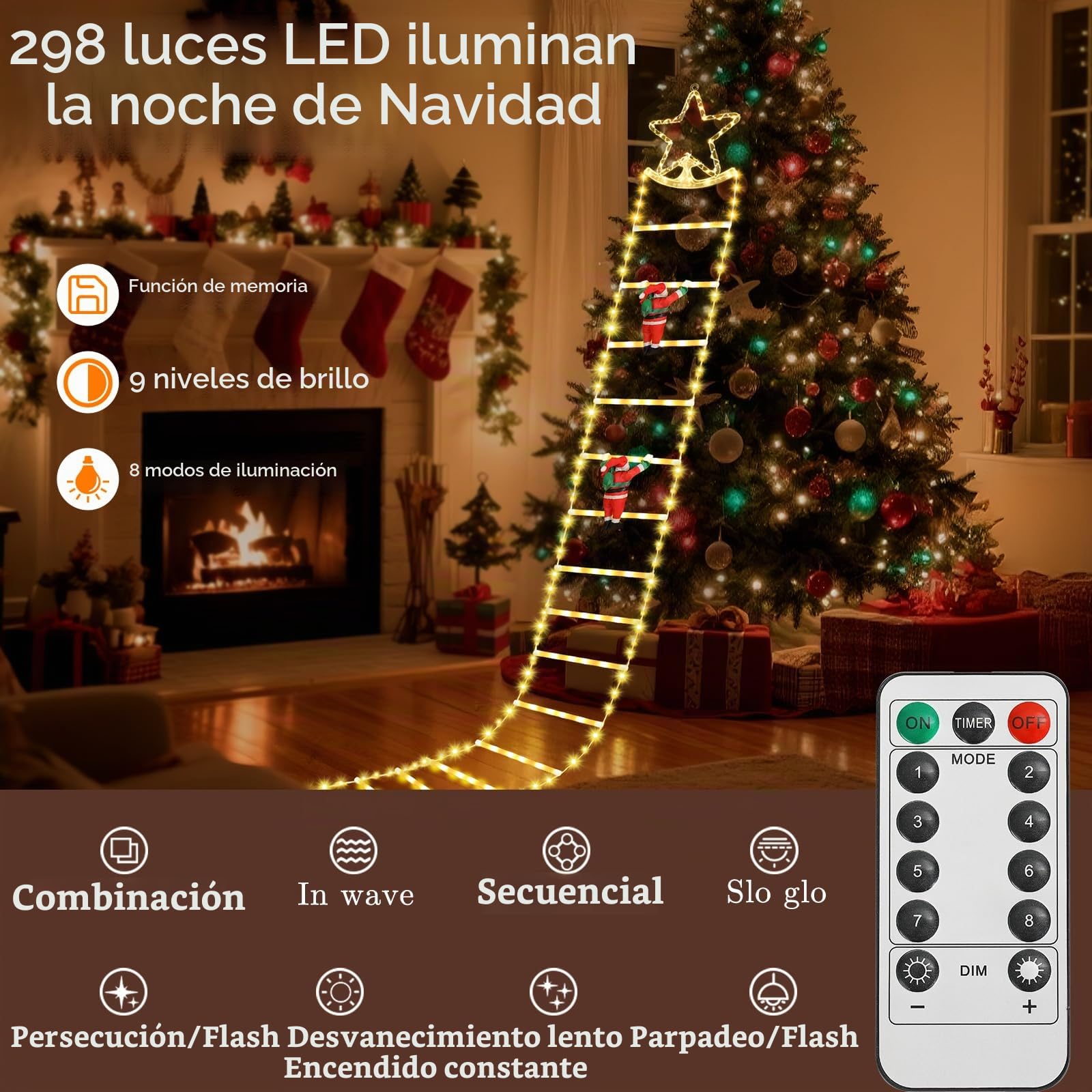 Lewondr Decoraciones Navideñas Luces LED en Escalera, 9,8ft Luz Decorativa Navideña con 2 Papá Noel, 8 Modos Control Remoto, 298 LED Luz para Árbol de Navidad Ventana Interior Exterior, Blanco Cálido