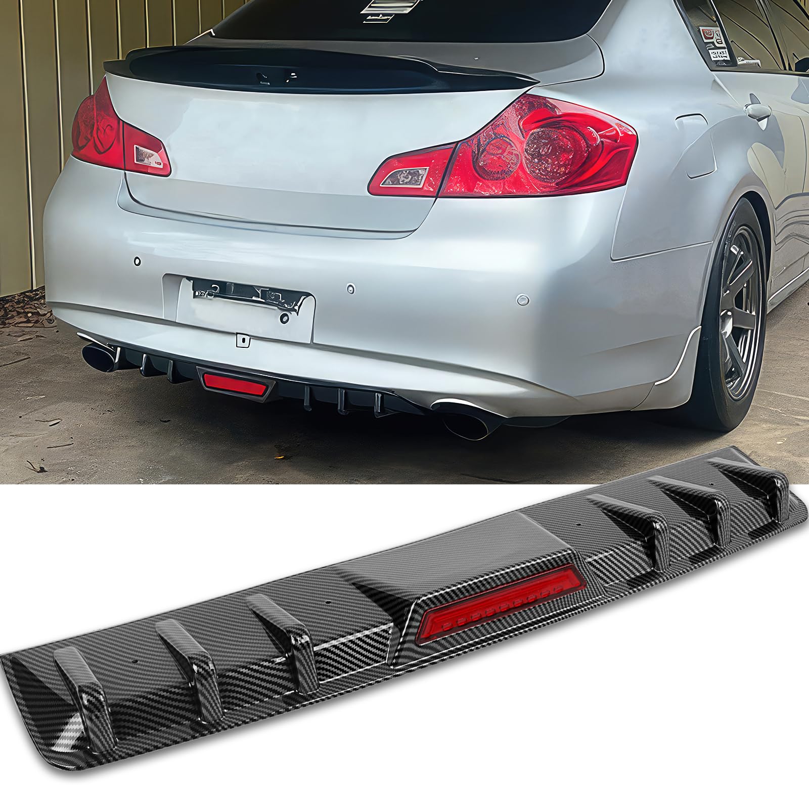 34" car rear bumper lip with brake light, universal rear diffuser spoiler compatible with infiniti ford toyota corolla nissan altima dodge charger sxt chevy camaro vw acura (with led light)