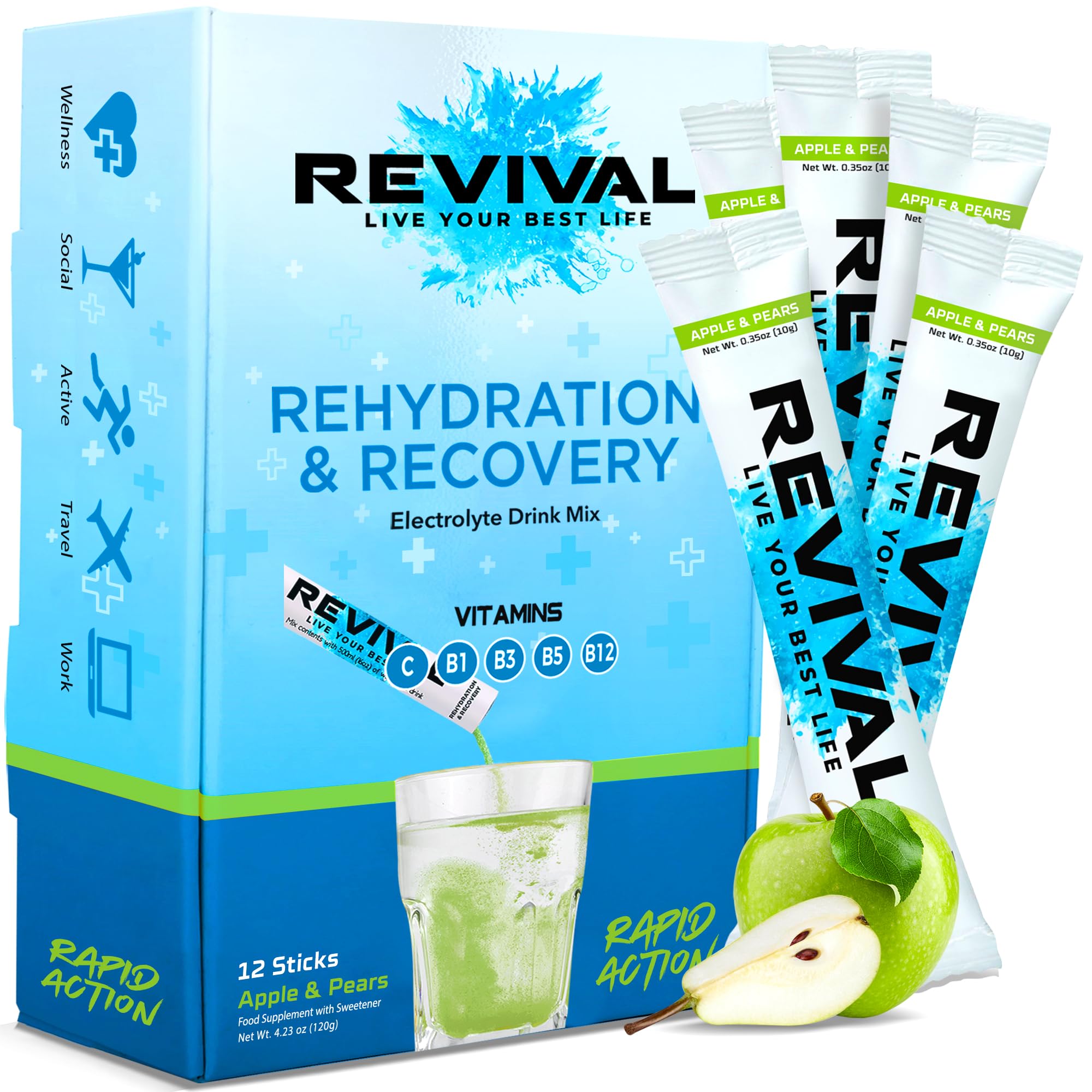 Revival Rapid Rehydration, Electrolytes Powder - High Strength Vitamin C, B1, B3, B5, B12 Supplement Sachet Drink, Effervescent Electrolyte Hydration Tablets - 12 Pack Apple Pear