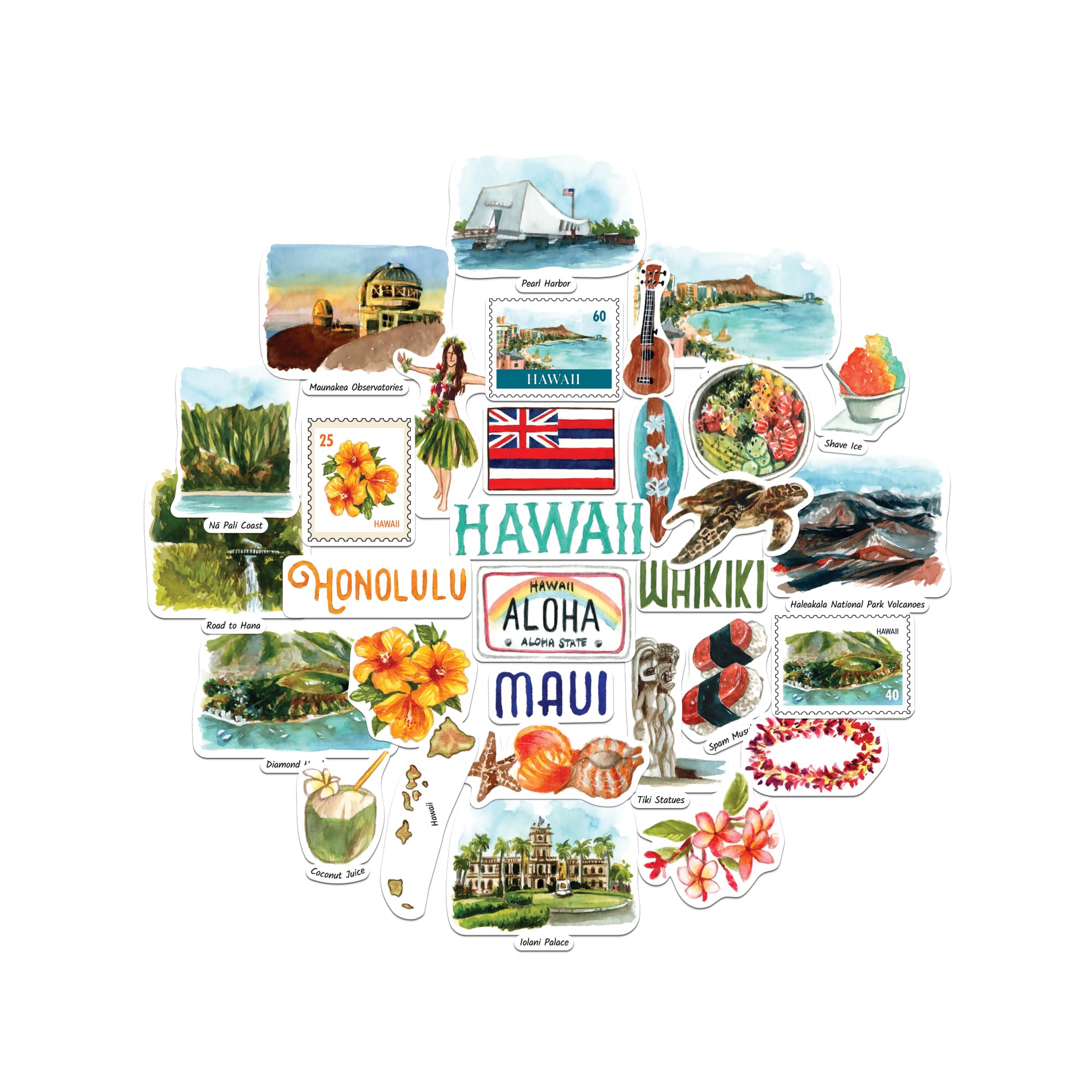 Navy Peony Exotic Hawaii Statement Stickers - Hand-Illustrated Watercolour, Glossy, Waterproof - for Suitcases, Laptops, Water Bottles (31-Piece Set)