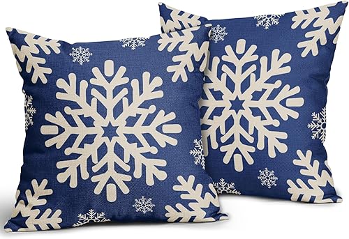 Miniatura 2 de Sivirary Juego de 2 fundas de almohada verdes de Navidad de 18 x 18 pulgadas, fundas decorativas de lino para exteriores, diseño de copos de nieve