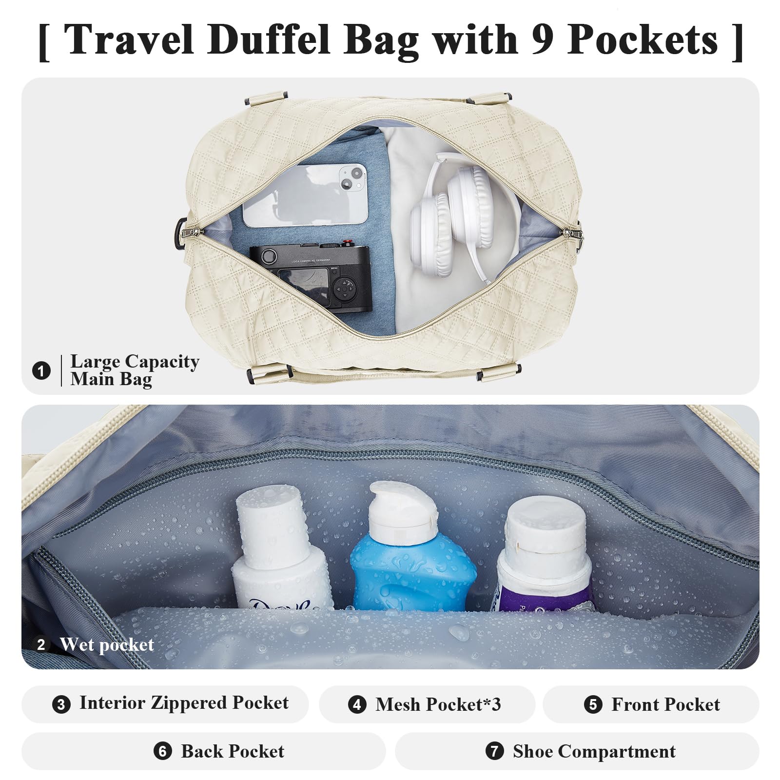 Borsone da Viaggio Donna, Bagaglio a Mano Borsa da Viaggio con Scomparto per le Scarpe, Borsa Sportiva Borsone da Palestra Grande, Borsa da Weekend, Borsa per Ospedale,H5-Beige