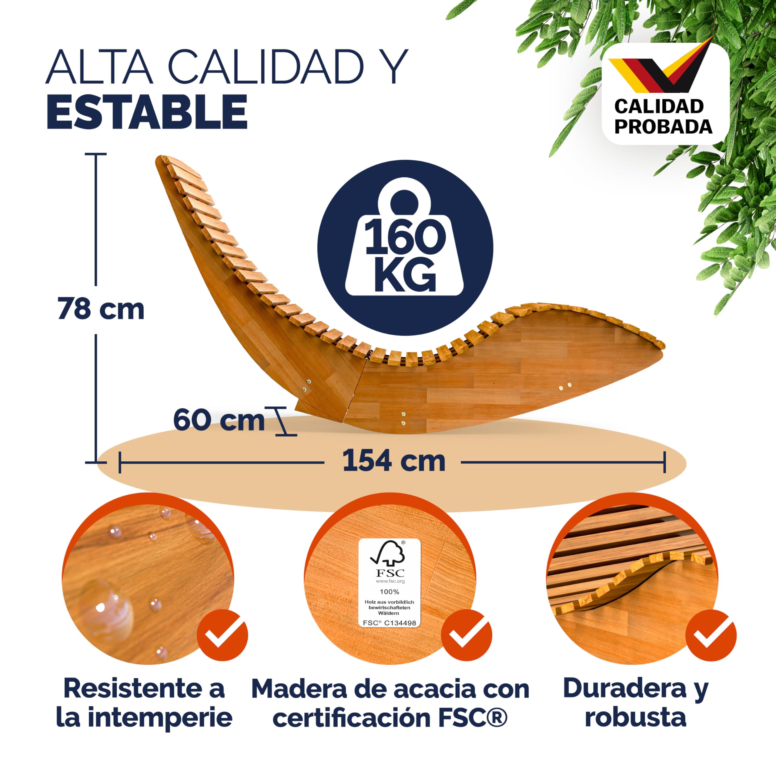 Casaria® Set 2X Tumbona Mecedora Plegable Asiento Madera Acacia FSC® Certificada 160Kg Ergonómica 154x60x78cm Resistente Intemperie Jardín Balcón
