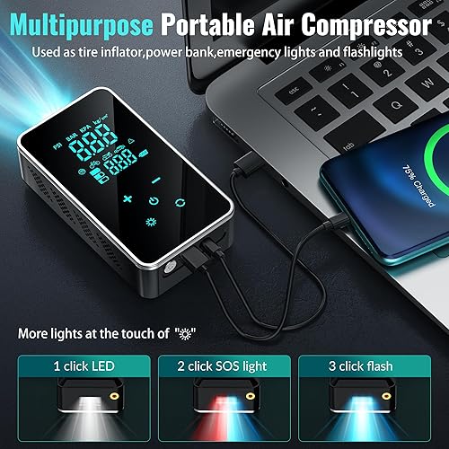 Miniatura 6 de Compresor de aire portátil para inflado de neumáticos, compresor de aire portátil de 18000 mAh y 150 PSI para neumáticos de automóvil, bomba de aire