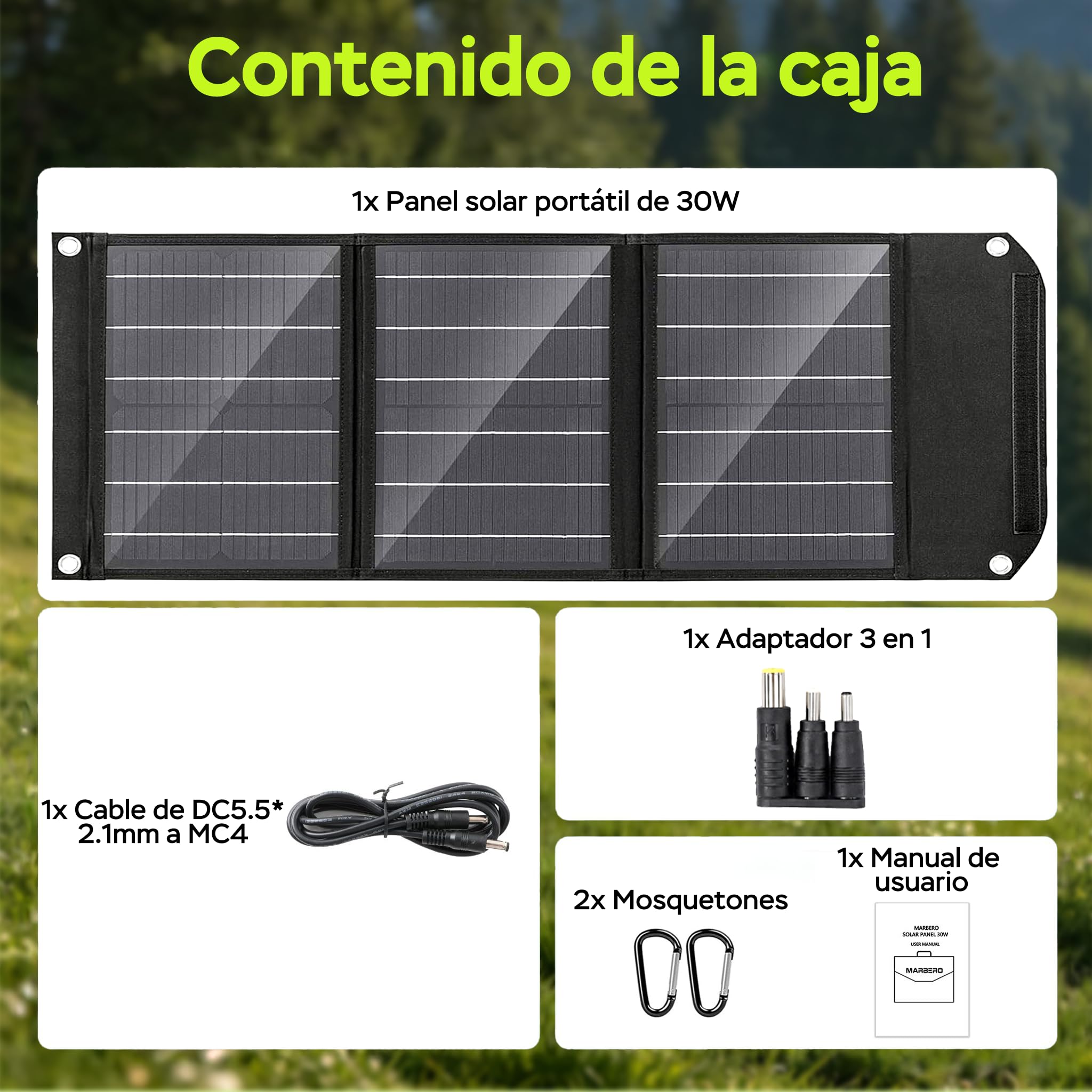 MARBERO Panel Solar Plegable 30W 16.5V, Cargador Solar Compacto y Ligero con Salida QC3.0 USB, Type-C y DC – Ideal para Smartphone, Tablet, Powerbank, Camping, Senderismo y Actividades al Aire Libre