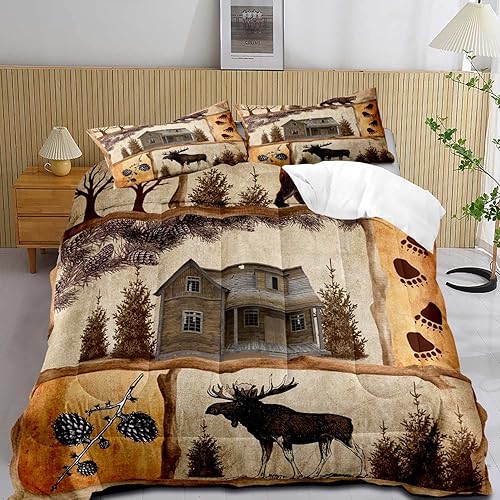 LUVIVIHOME Juego de edredón rústico de 3 piezas, tamaño King, colcha de ropa de cama de ciervo, alce, bosque, animales, vida silvestre, caza, caza,
