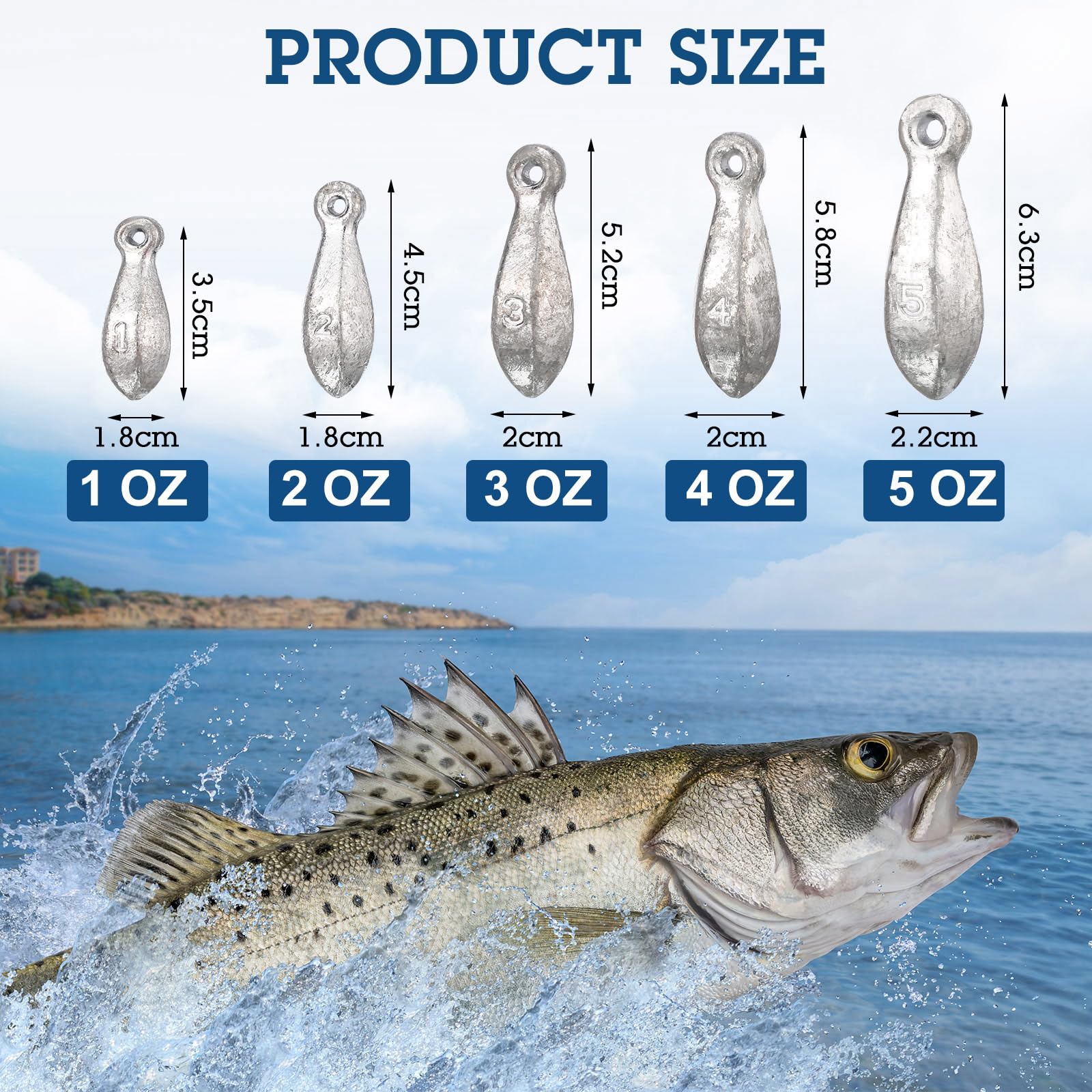 Kit de 22 piezas de pesas de pesca, plomos, plomos, plomos, plomos, plomos de pesca de agua salada, plomos de pesca de lubina en 1 onza, 2 onzas, 3 onzas, 4 onzas, 5 onzas, 6 onzas