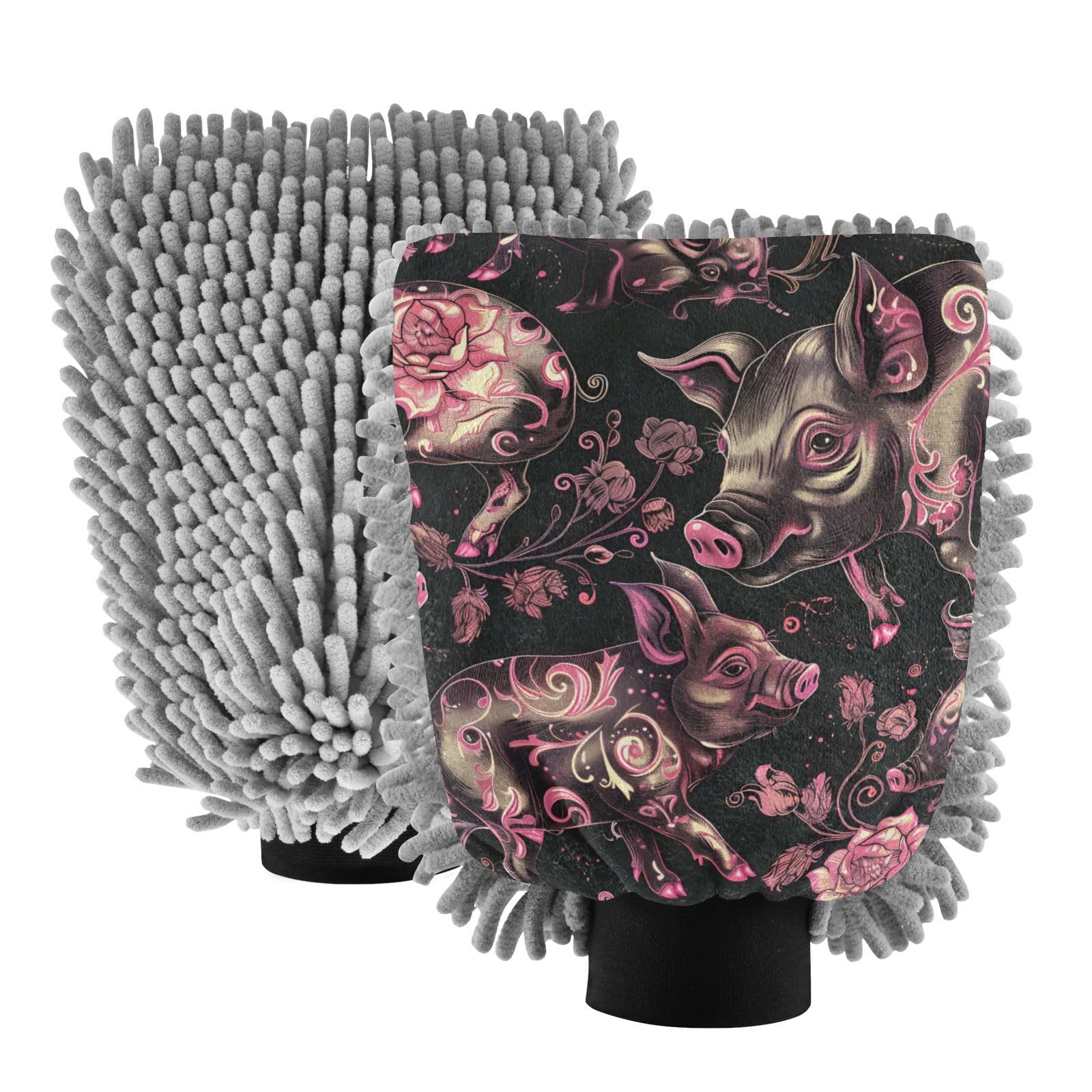 IOACIY Absorbent Microfiber Car Wash Drying Mitts, 2 Pack, Scratch-Free & Lint-Free, Rich Foam, Highly Absorbent, Double Sided, Wash Mitt Perfect for Car Washing, L, Pig (11)