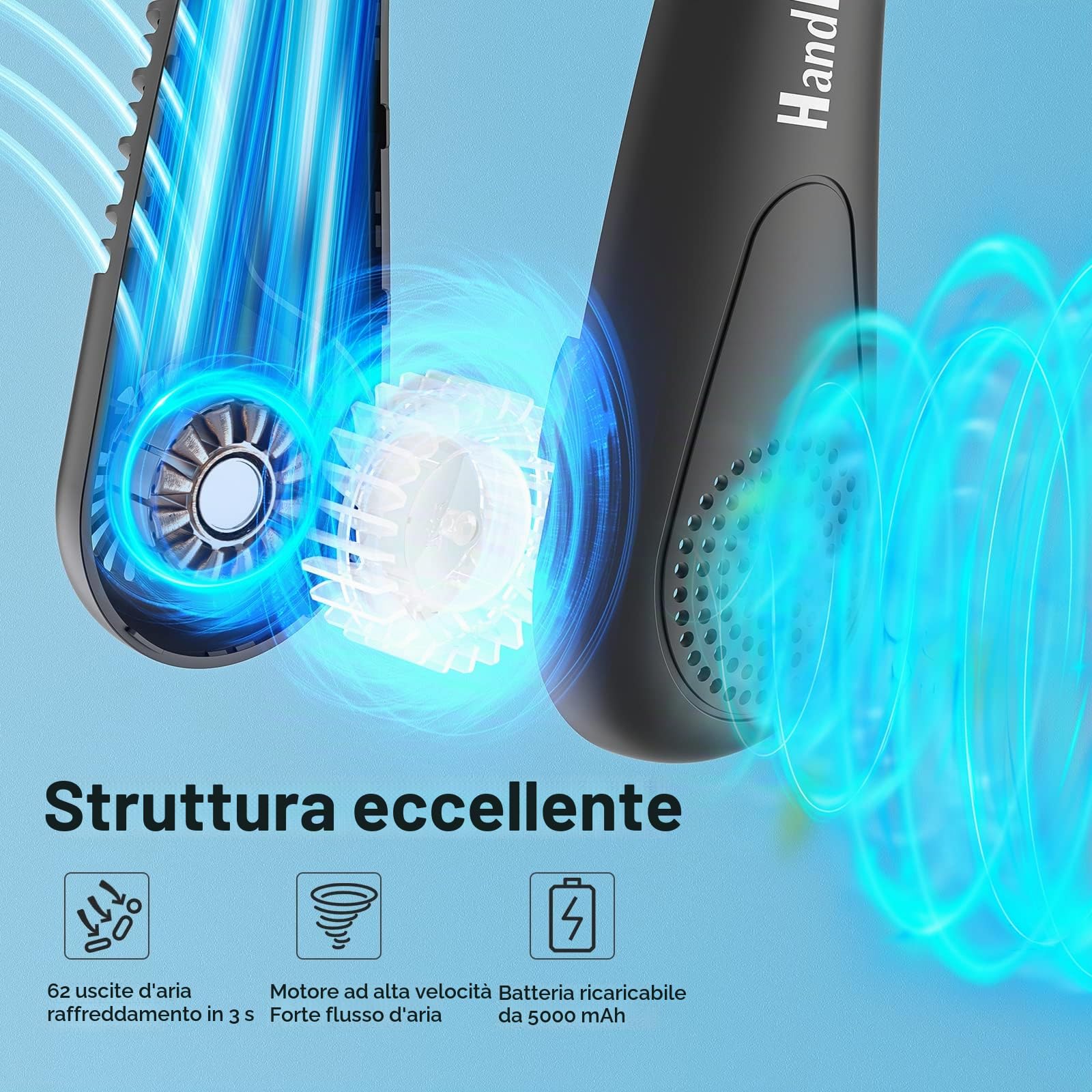 HandFan 5000mAh Ventilatore Portatile da Collo, Ricaricabile USB Ventilatore Mini,15 Ore Di Durata Della Batteria,3 Velocità Per Ufficio,Casa,Aria Aperta,Campeggio,Viaggi e Sport(Nero)