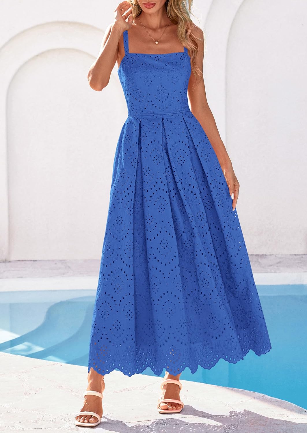 PRETTYGARDEN Womens Sleeveless Maxi Summer Dresses 2026 Hollow Out Eyelet Square Neck Ruffle Flowy Beach Vacation Sundress - Image 6