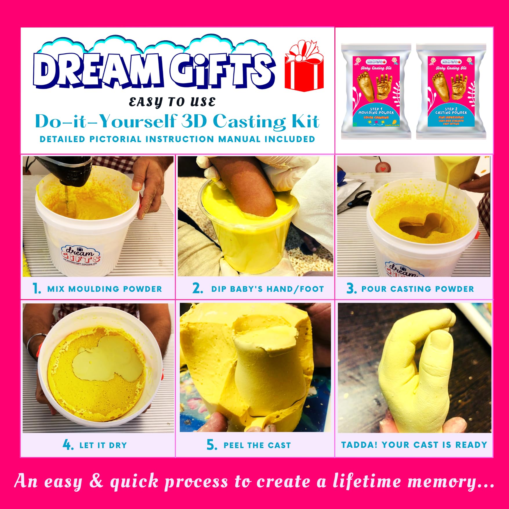 Dream Gifts Baby 2 Hands or Feet 3D Casting Kit (Moulding Powder 350 GMS, Casting Powder 500 GMS, Yellow) 4