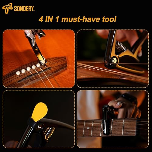 Miniatura 5 de Sondery Capo 4 en 1 Guitarra Cejilla Cortador de cuerda Tirador de pasador de puente Soporte para púas de guitarra con 5 púas de guitarra y bolsa de