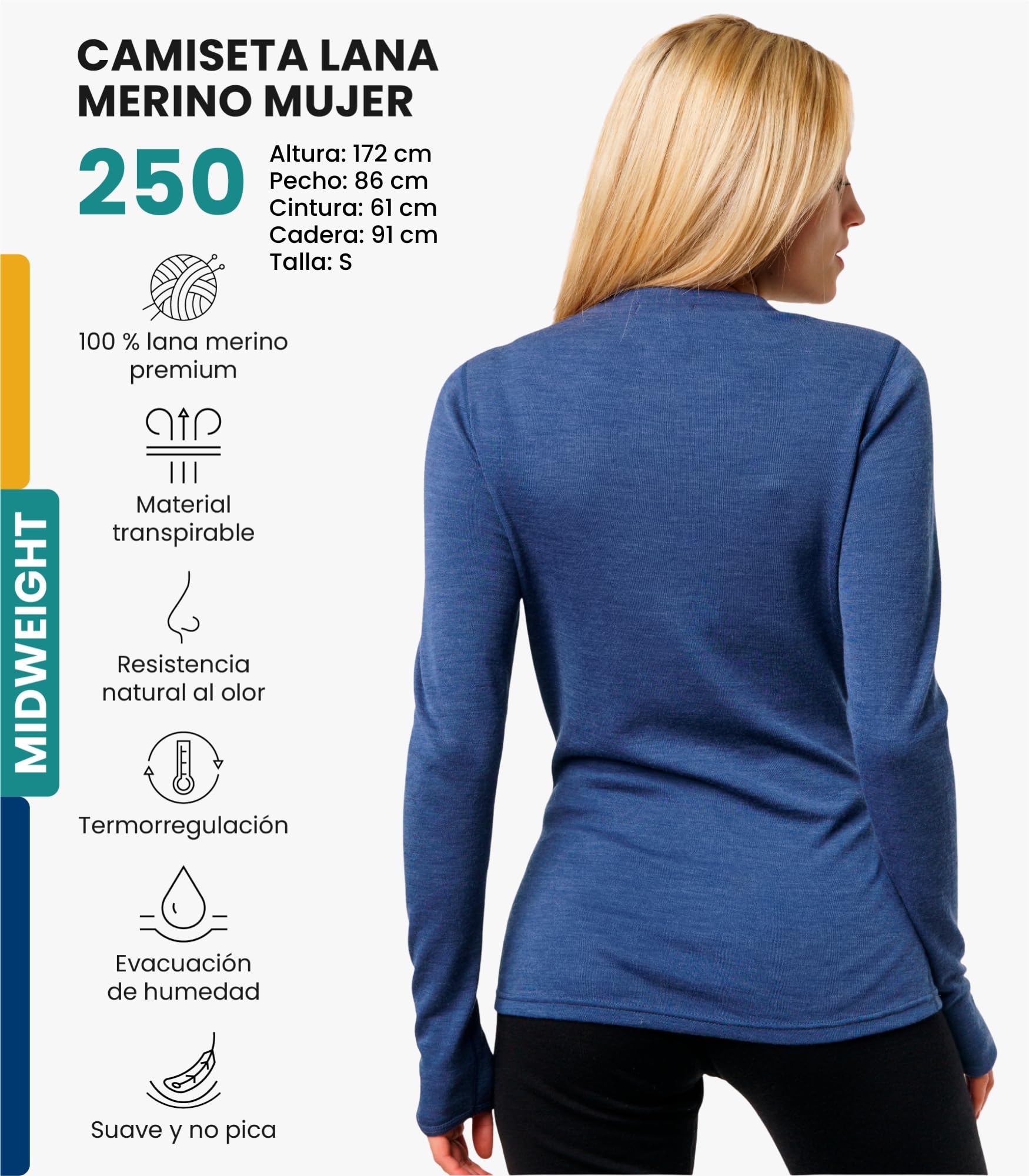 Merino.tech Camiseta Lana Merino Mujer - 100% Merino Camiseta Interior Termica Mujer Medio con Calcetines (Medium, Windsor Blue 250)