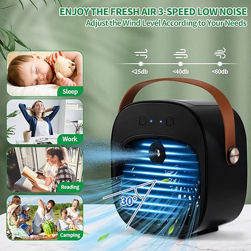 Vista 3 de Aire acondicionado portátil recargable, mini aire acondicionado de 5200 mAh, enfriador de aire personal con 3 velocidades, aire acondicionado