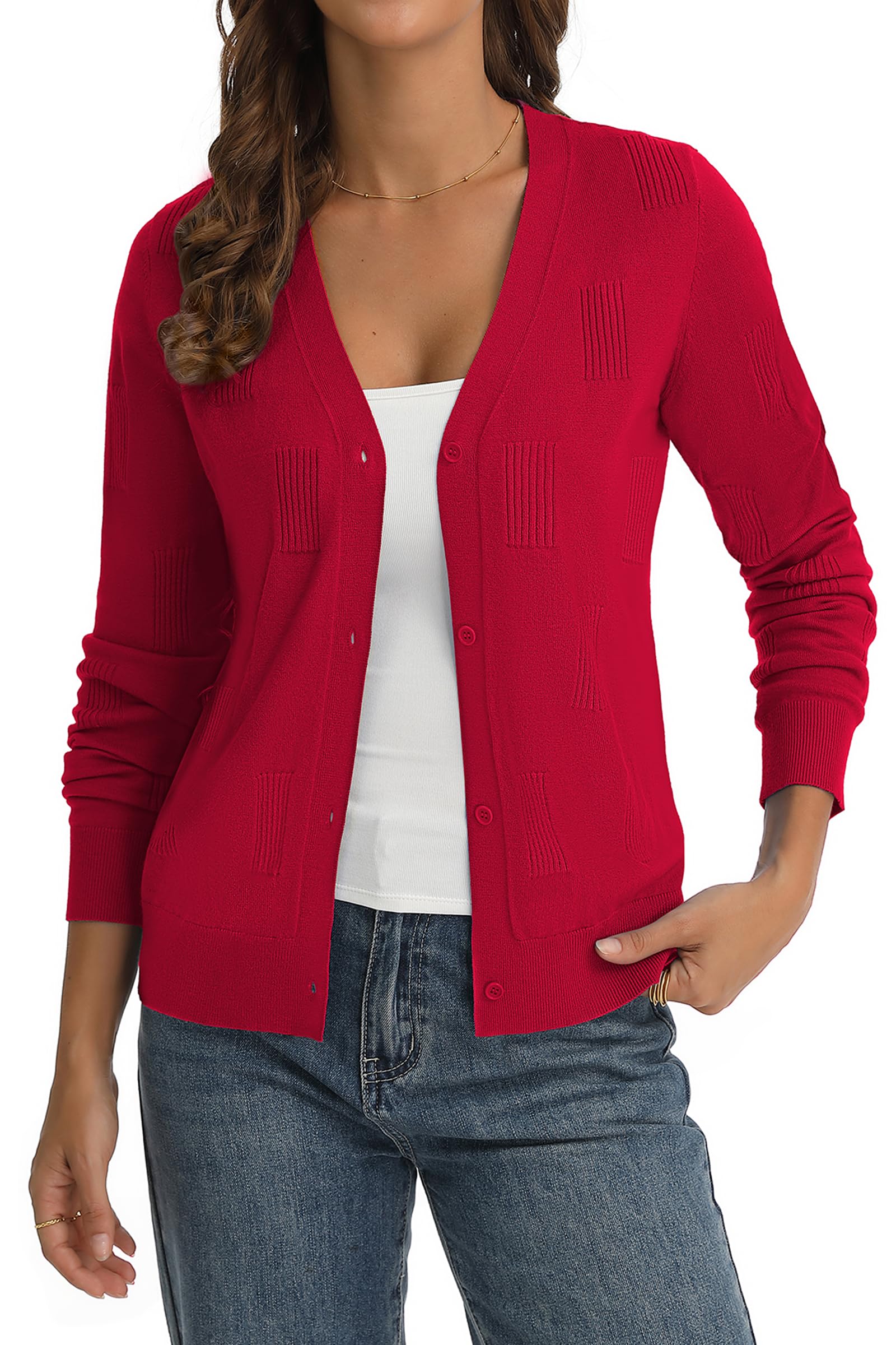 QUALFORT Womens Cardigans Dressy Casual Long Sleeve V Neck Button Down Soft Knit Cardigan Sweaters