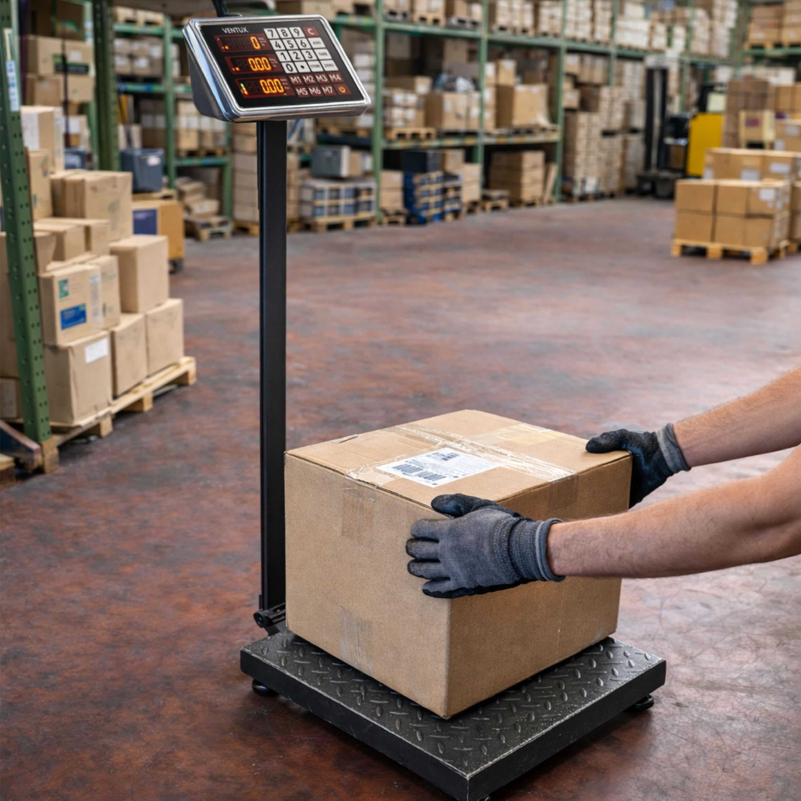 Báscula electrónica de suelo 300 kg | división 50 g | pantalla lcd | memoria para 7 precios | batería recargable y corriente | plataforma antideslizante | báscula industrial y comercial
