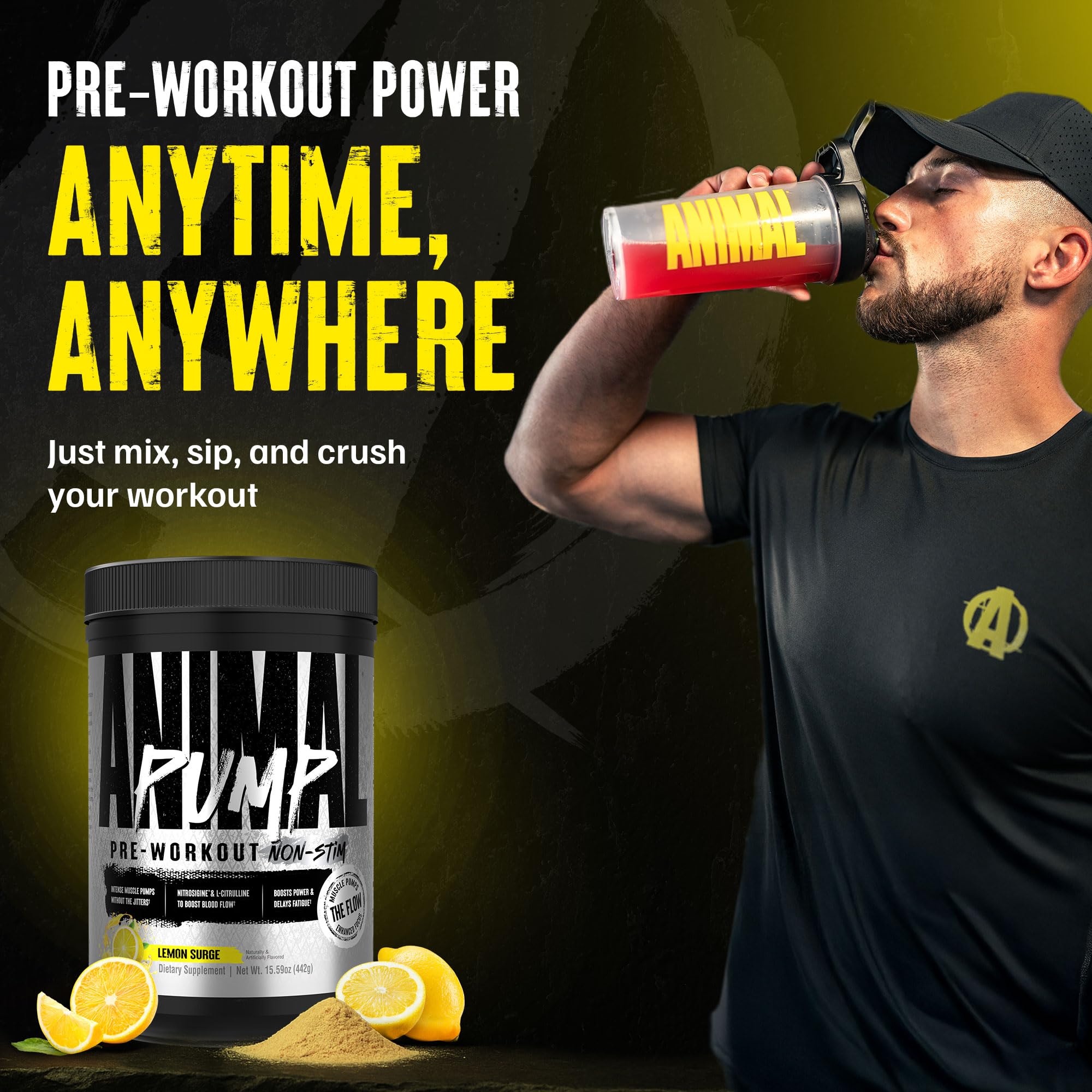ANIMAL Pump Non-Stim Pre Workout Powder - koffeinfreies Preworkout für Energie, Fokus & Muskelaufbau, Beta Alanin, Citrullin, Nitrosigin und Nootropics, Lemon Surge, 442g