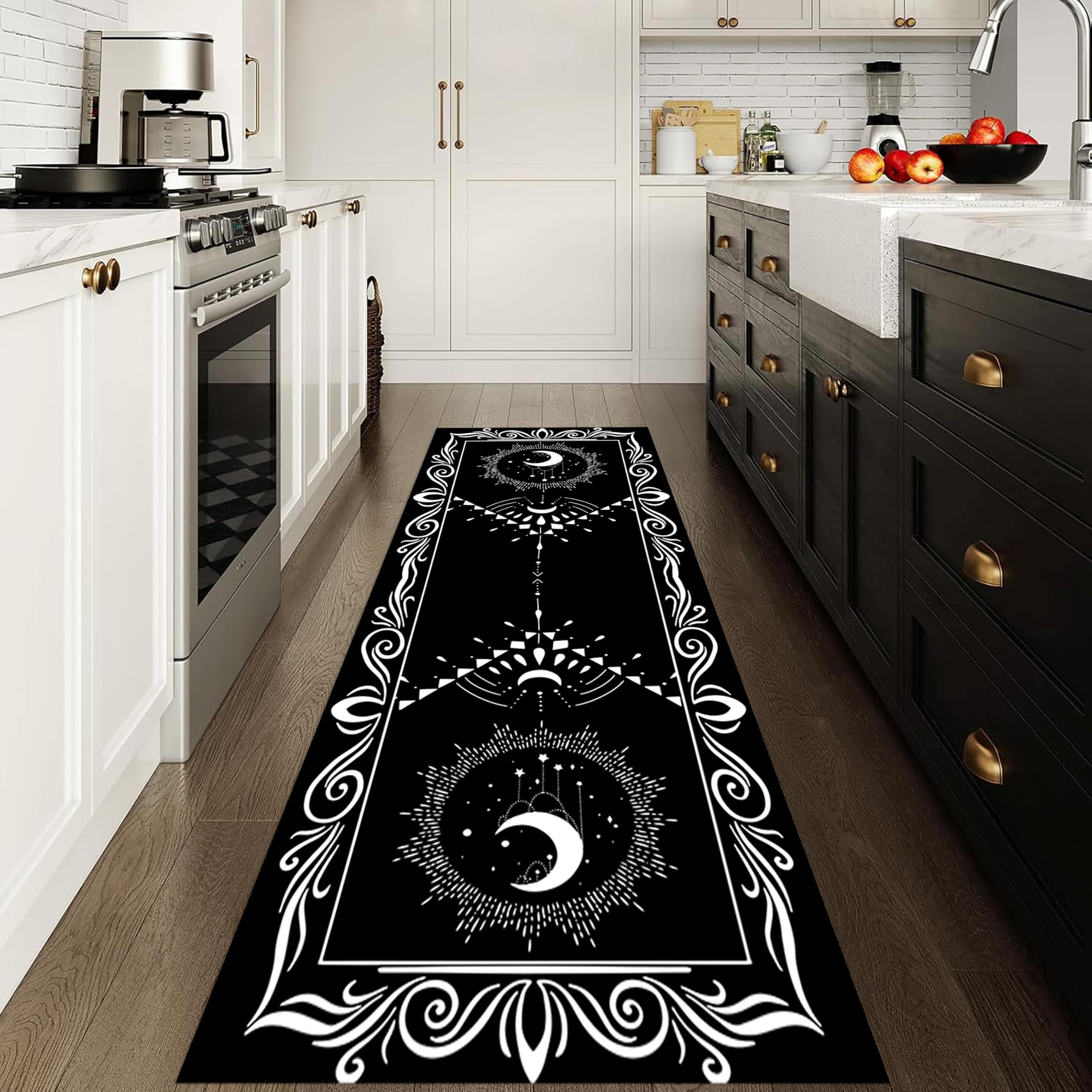 Boho Witchy Hallway Rug, 80x300cm, Moon Phase Celestial Modern Geometric Occult Crescent Black and White Rug, Non-Shed Fade Resistant Stars Galaxy Floor Mat for Bedroom Kitchen