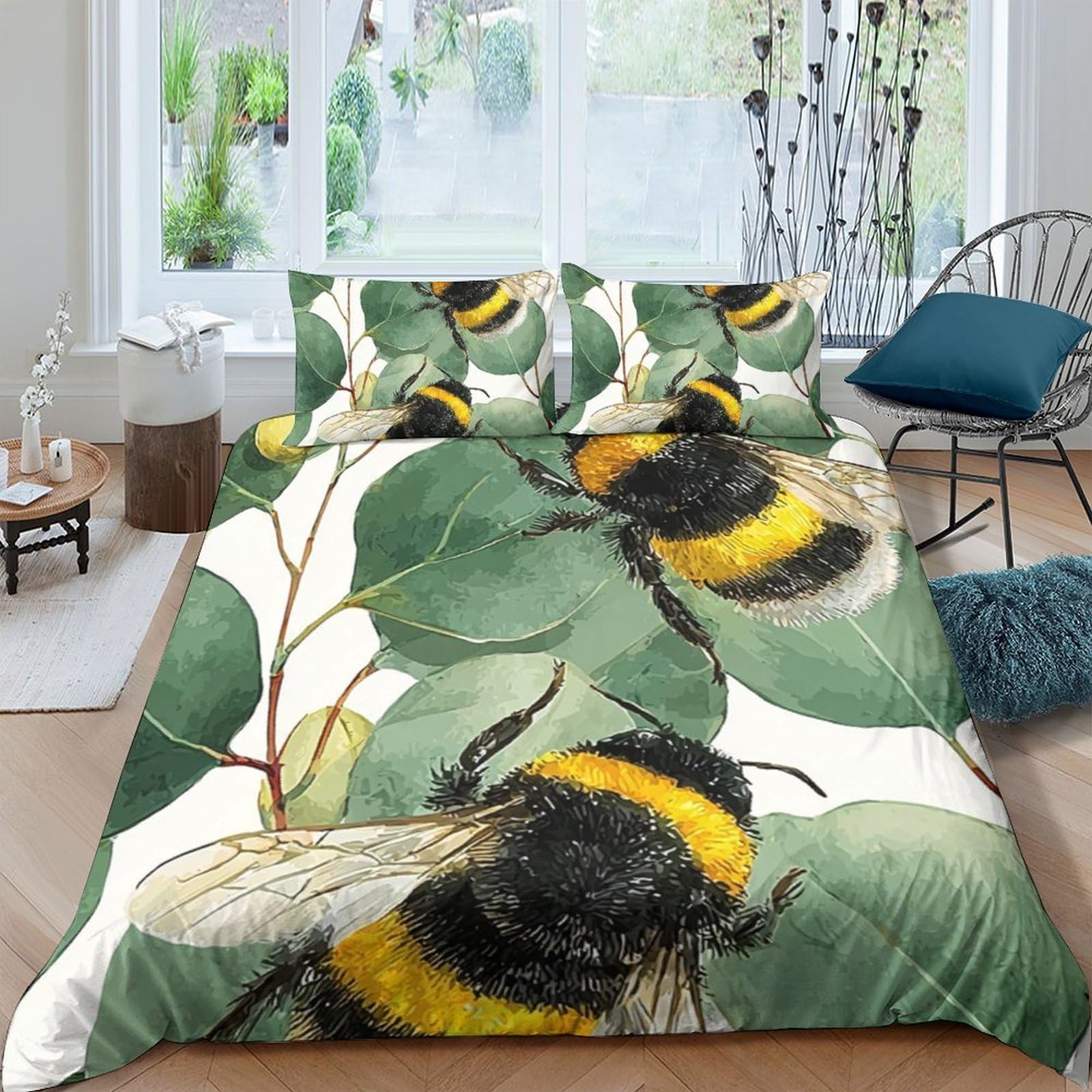 GPLZQXKJNH 3D Printed Bumblebee Leaf Duvet Cover Microfiber Soft Breathable Bedding Set with 2 Pillowcases for Bedroom Decor Single（135x200cm）