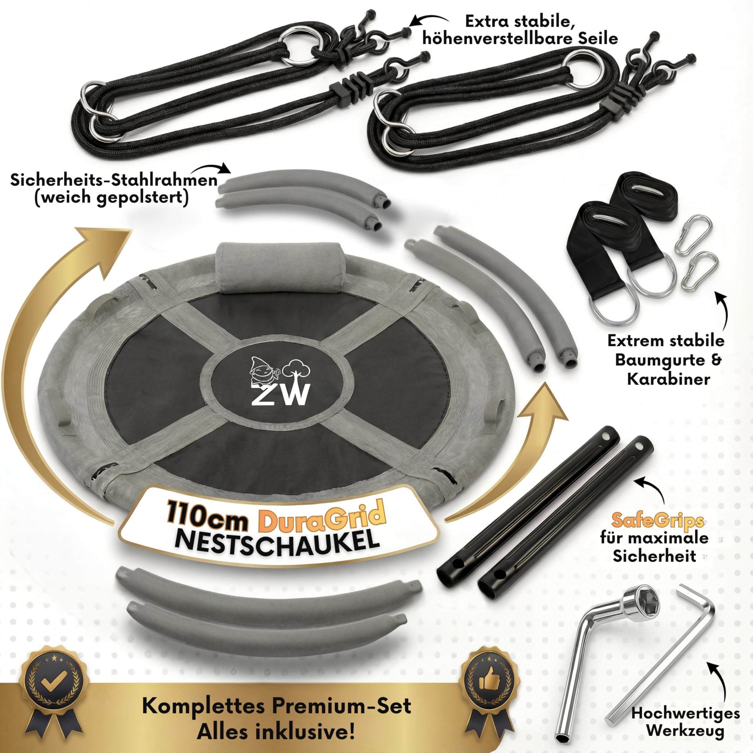 Nestschaukel Outdoor 110 cm, Kinderschaukel, Tellerschaukel, Grau, 150 kg