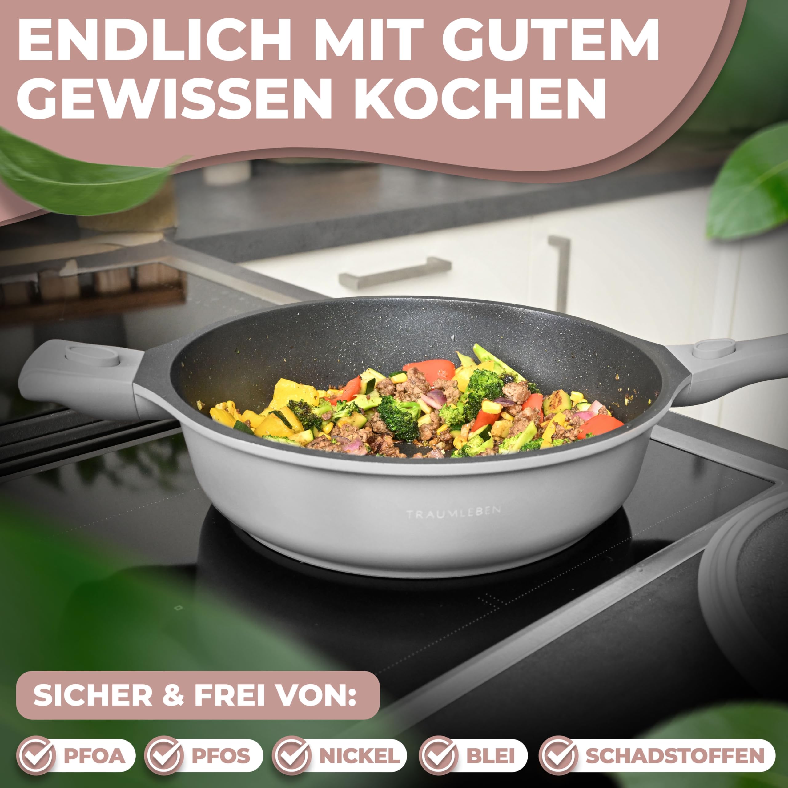 TRAUMLEBEN Bratpfanne 28 cm mit Deckel & abnehmbaren Griffen (Grau) | Antihaftbeschichtung, PFOA-frei, für Induktion geeignet, backofenfest, hoher Rand