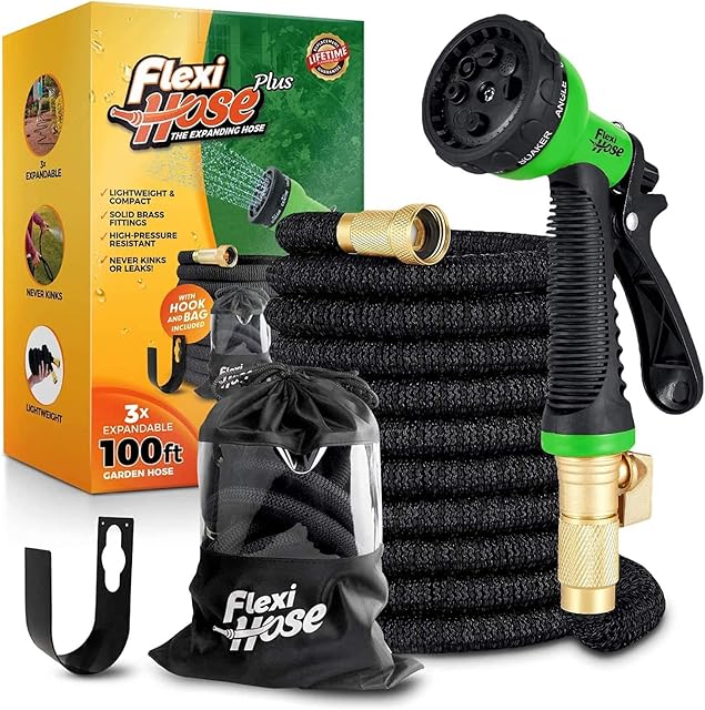 Flexi Hose Plus Value Pack! Lightweight Expandable Garden Hose Pipe - 8 Function Spray Gun - Ultimate No-Kink Flexibility - Extra Strength - Includes Carry Case and Hook for Easy Storage (30 Metres)