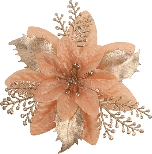 Miniatura 9 de 24 piezas de flores de Pascua doradas de 6 pulgadas para decoraciones de árbol de Navidad - Flores artificiales para adornos de árbol de Navidad con