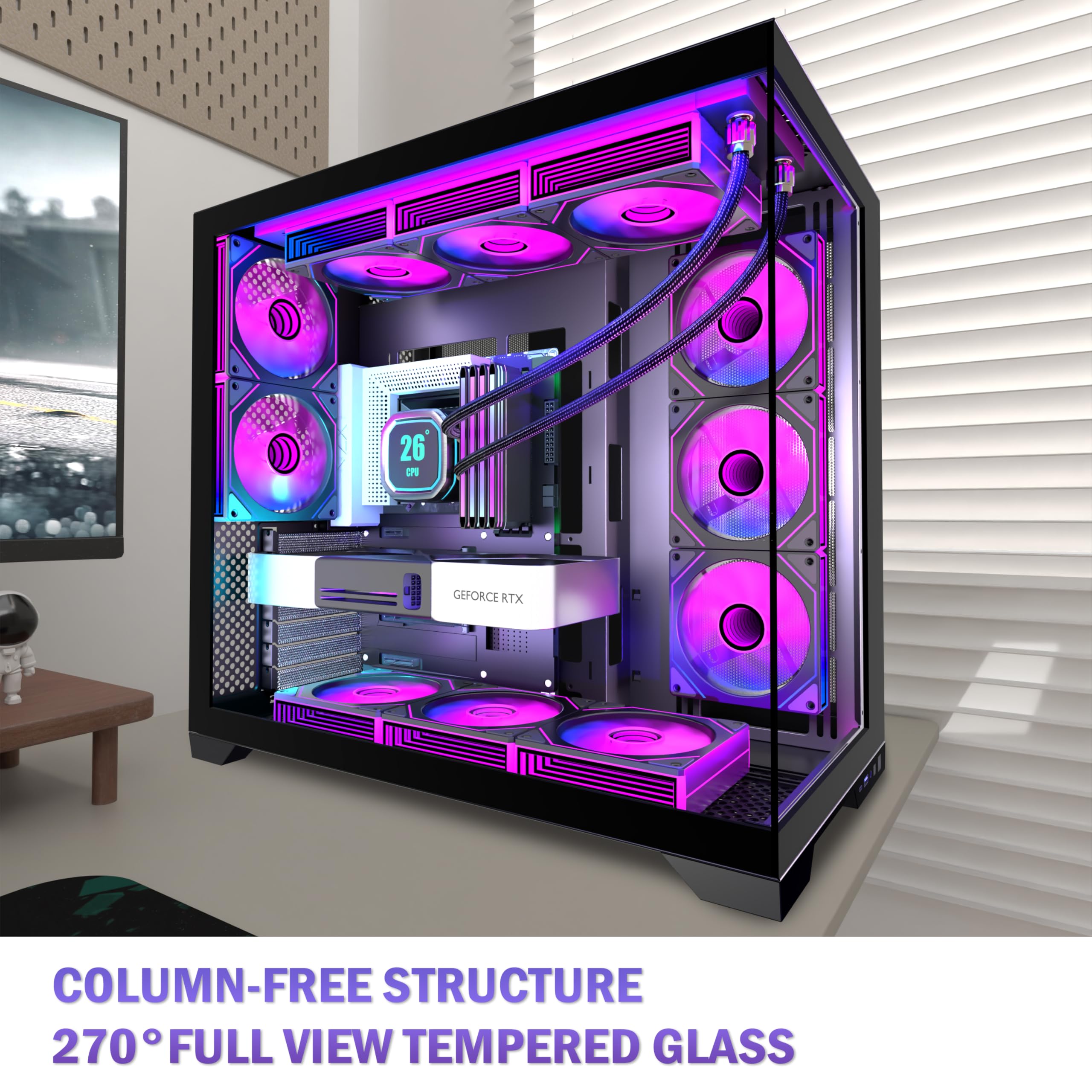 KEDIERS Case per PC preinstallata, ventola nera da 9 × 120 mm, ATX Mid Tower, case per computer con visione panoramica, pannello frontale in vetro temperato