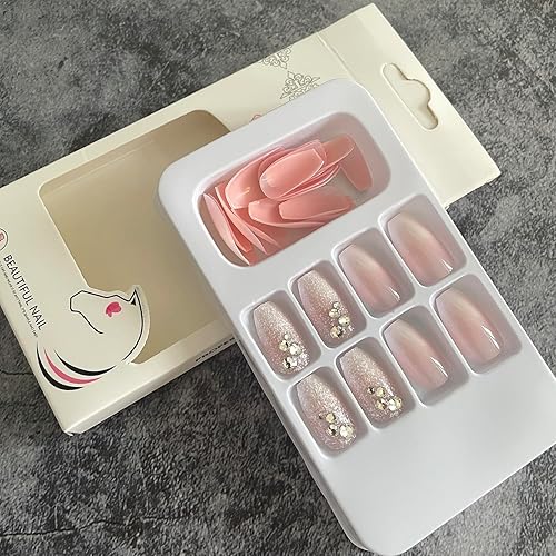 Miniatura 5 de Uñas postizas medianas a presión, uñas postizas acrílicas de ataúd con diseño de brillantina, uñas con pegamento de diamantes de imitación,