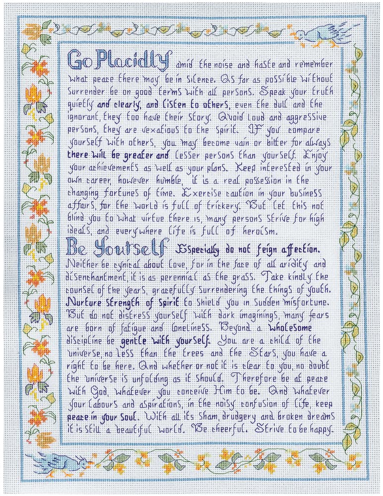 Lifetime Samplers Blue Desiderata Sampler on Blue-Grey 14 aida - Complete Cross Stitch kit with Clear Colour Chart