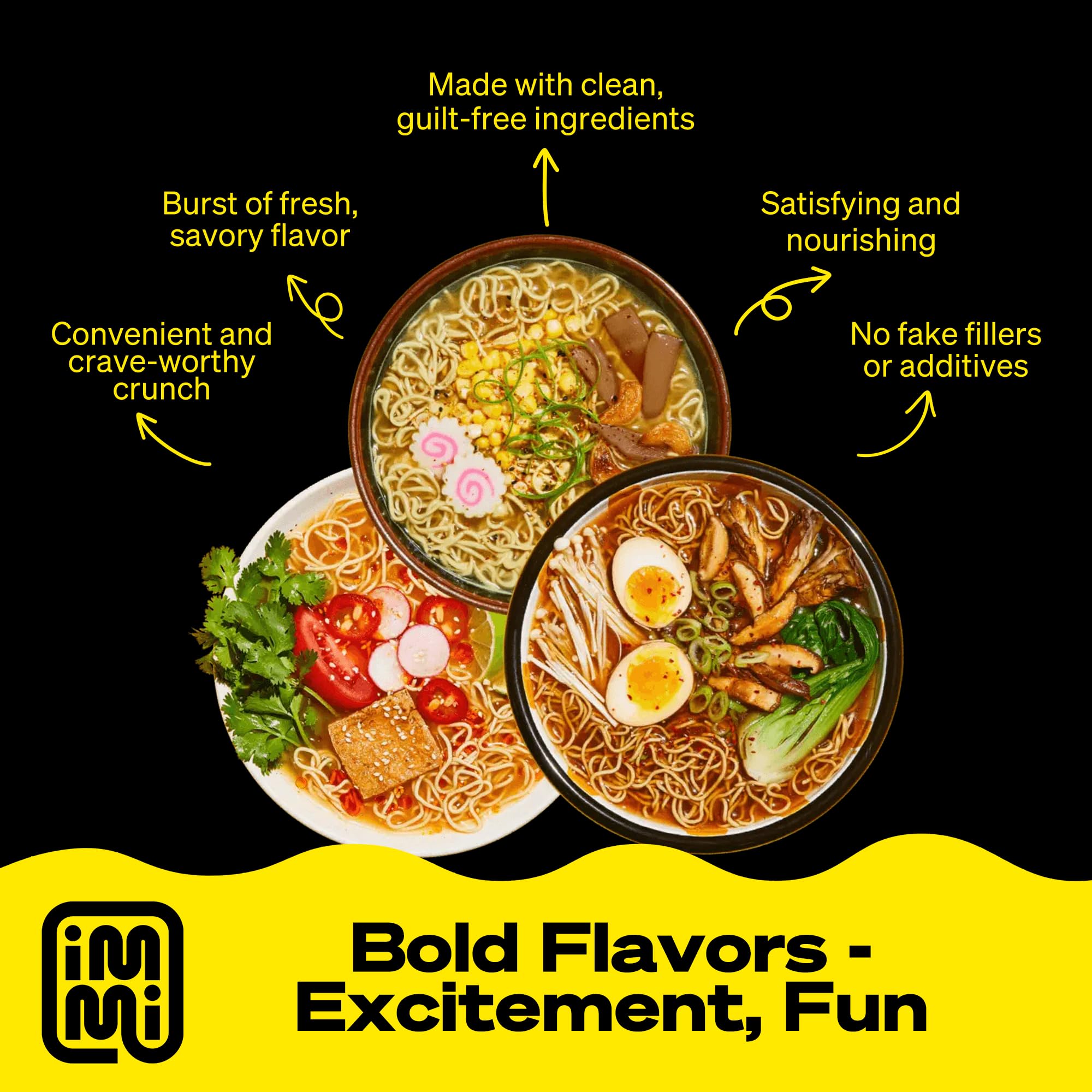 immi Variety Pack Ramen – Spicy “Beef,” Black Garlic “Chicken” & Tom Yum “Shrimp” – Vegan, High Protein Ramen Noodles – Low Carb, Zero Sugar – Healthy Keto-Friendly Ramen Bowls, 6-Pack