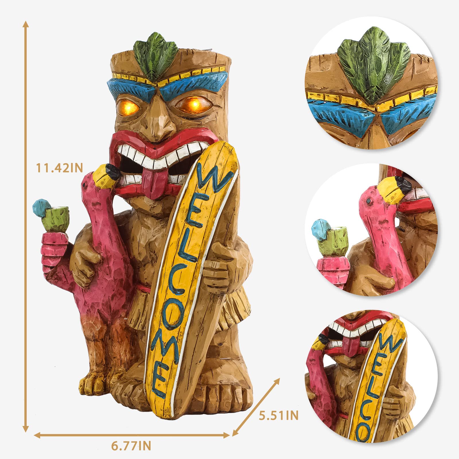 Solar Tiki Gartenstatue Outdoor Dekor mit Flamingo Wasserdichtes Willkommensschild für Tiki Bar, Terrasse, Balkon, Hof, Rasen, Haustürdekorationen, Gartengeschenk für Tiki-Mann
