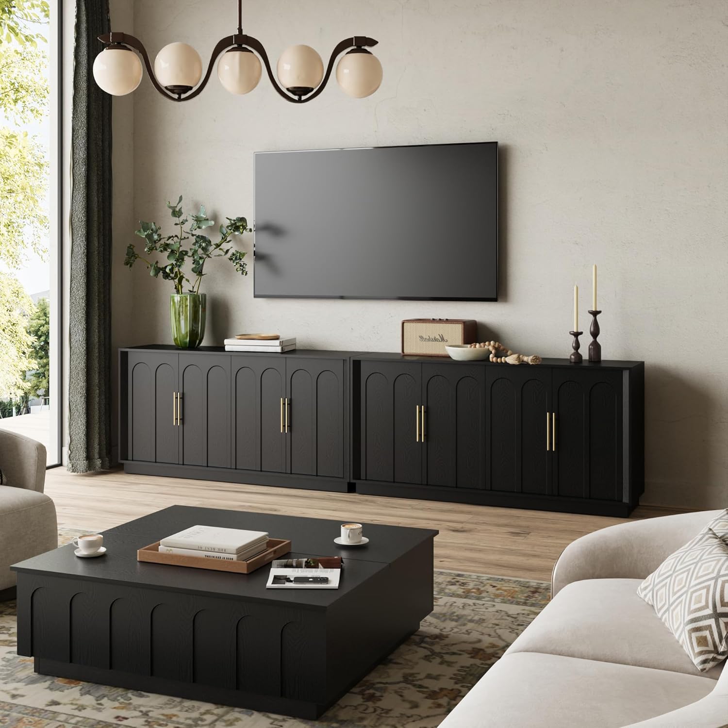Sideboard Buffet Cabinet with Storage, Modern Accent Cabinet with Arched Doors, 67" Large Modular Media Console, Minimalist Credenza for Living Room Kitchen Dining Room Entryway, Black Gray Black